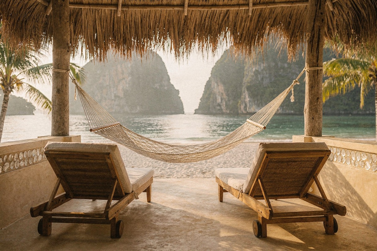A thatched-eaved terrace with a woven hammock strung between timber posts, two timber loungers with linen cushions, a shell-inlaid plaster parapet, white sand and a karst-framed cove a step beyond.