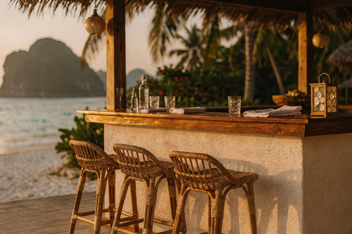 A small timber-topped bar on a lime-plaster base under thatch, three rattan stools, unlabelled glassware and a bottle catching low sun, a lantern, palms and flowering shrubs, karst at left.