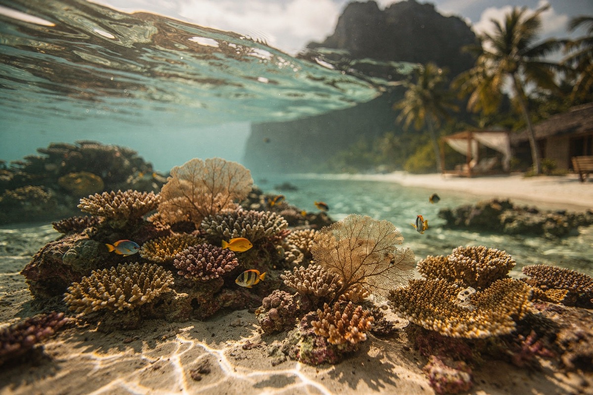A split-level view: coral heads and small tropical fish over white sand below the waterline, karst cliff, coconut palms and a thatched roof above it, clear turquoise water.