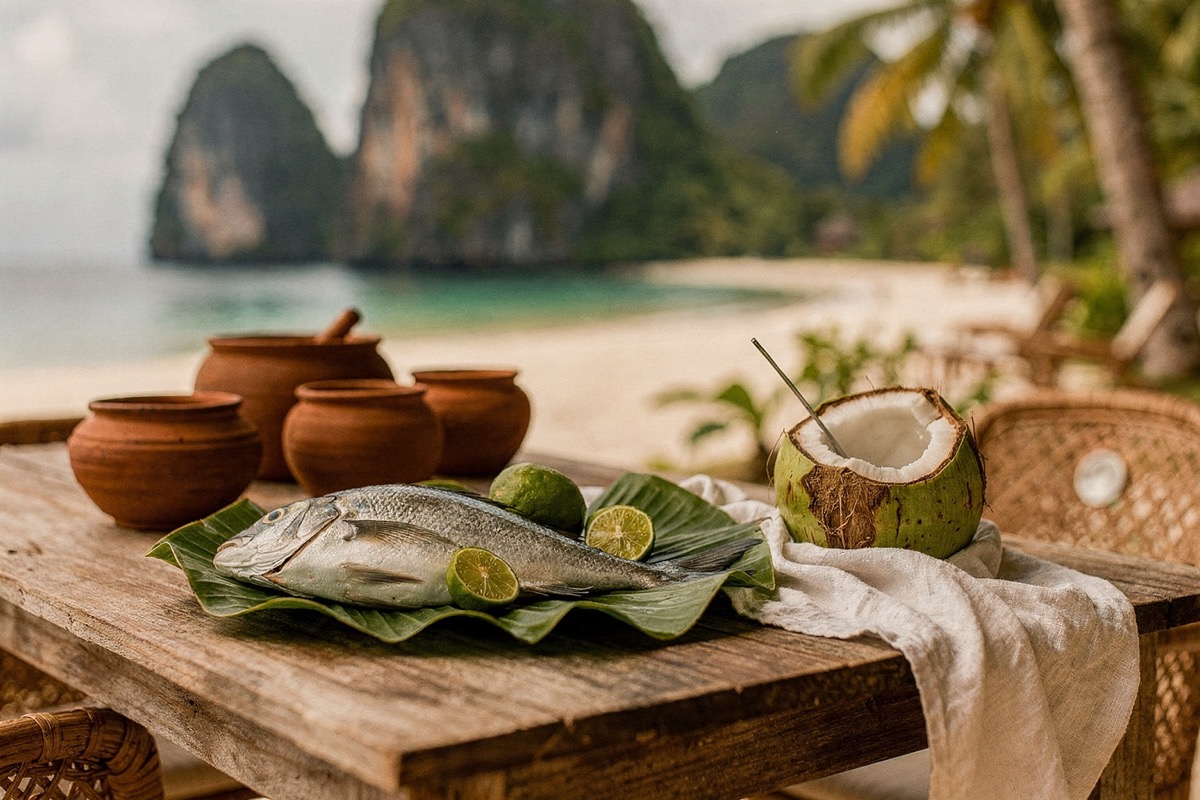 A weathered timber table with three clay pots, a whole fresh fish on a banana leaf with halved calamansi, an opened young coconut and a linen cloth; karst, palms and turquoise bay behind.