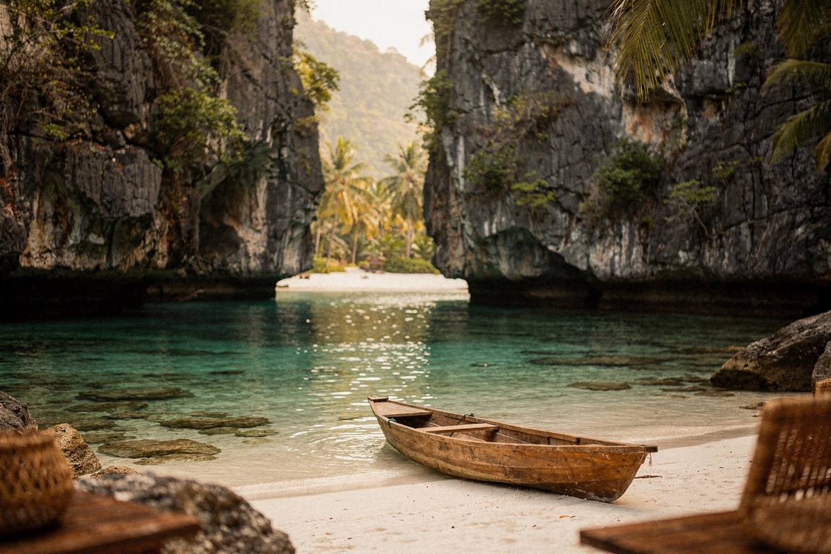 A narrow limestone cleft opening onto a still emerald lagoon, sheer karst walls either side, a small palm-backed beach at the far end, a plain wooden boat drawn up on white sand in the foreground.
