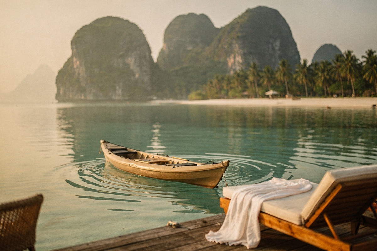 A single wooden kayak on glassy jade water leaving concentric ripples, karst islands in dawn mist, palms and a thatched structure onshore, a lounger with a linen throw in the foreground.