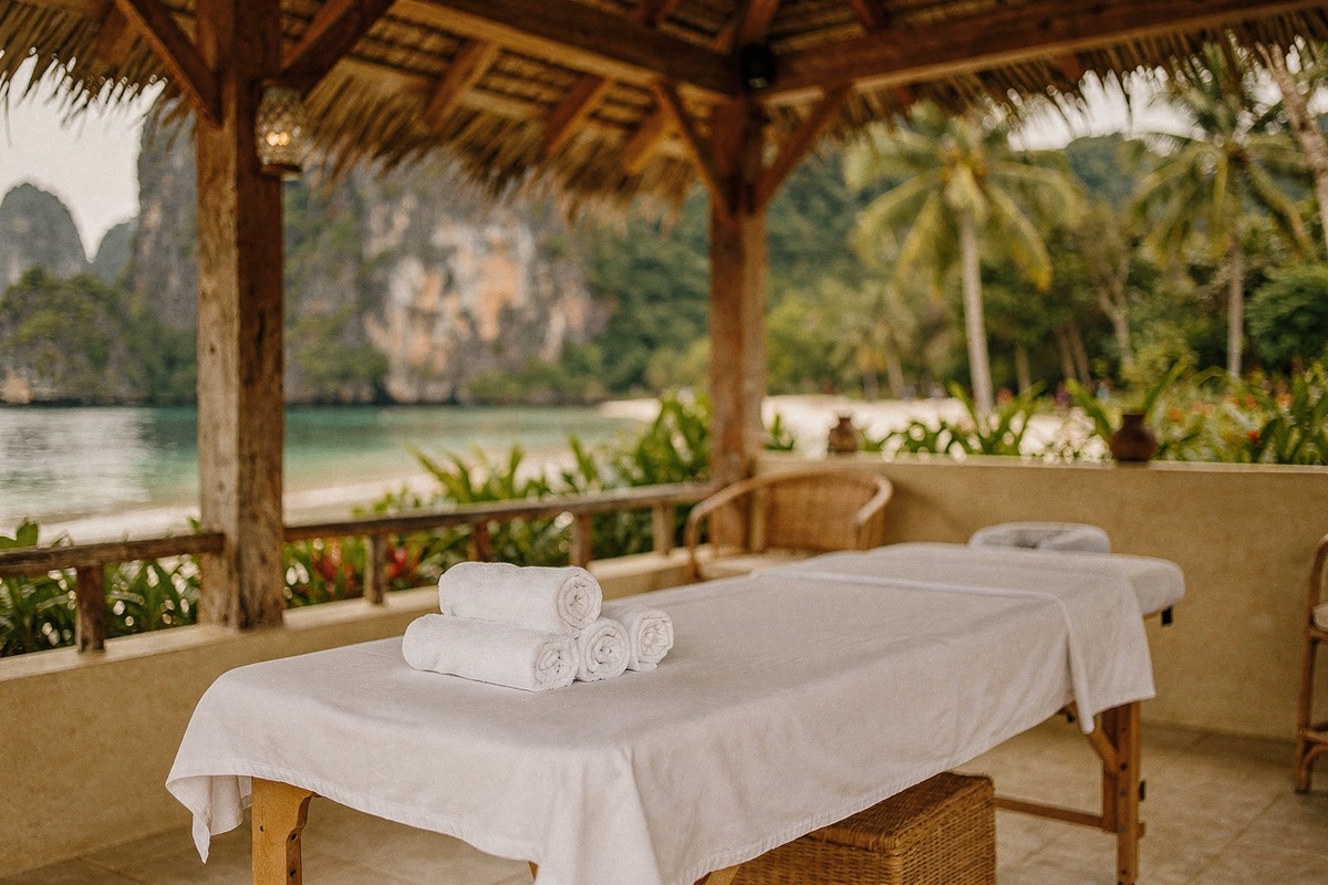 An empty massage table draped in white linen with three rolled towels under a thatched pavilion, a second table and rattan chair behind, planting, white sand and karst beyond, soft shade.