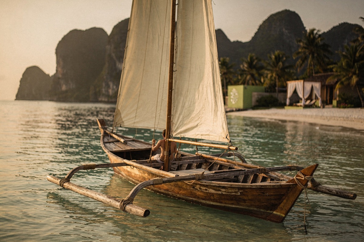 A traditional wooden sailing outrigger with two canvas sails catching a low sun, bamboo outrigger arms, calm jade water, karst headlands in silhouette, a canopied cabana onshore.