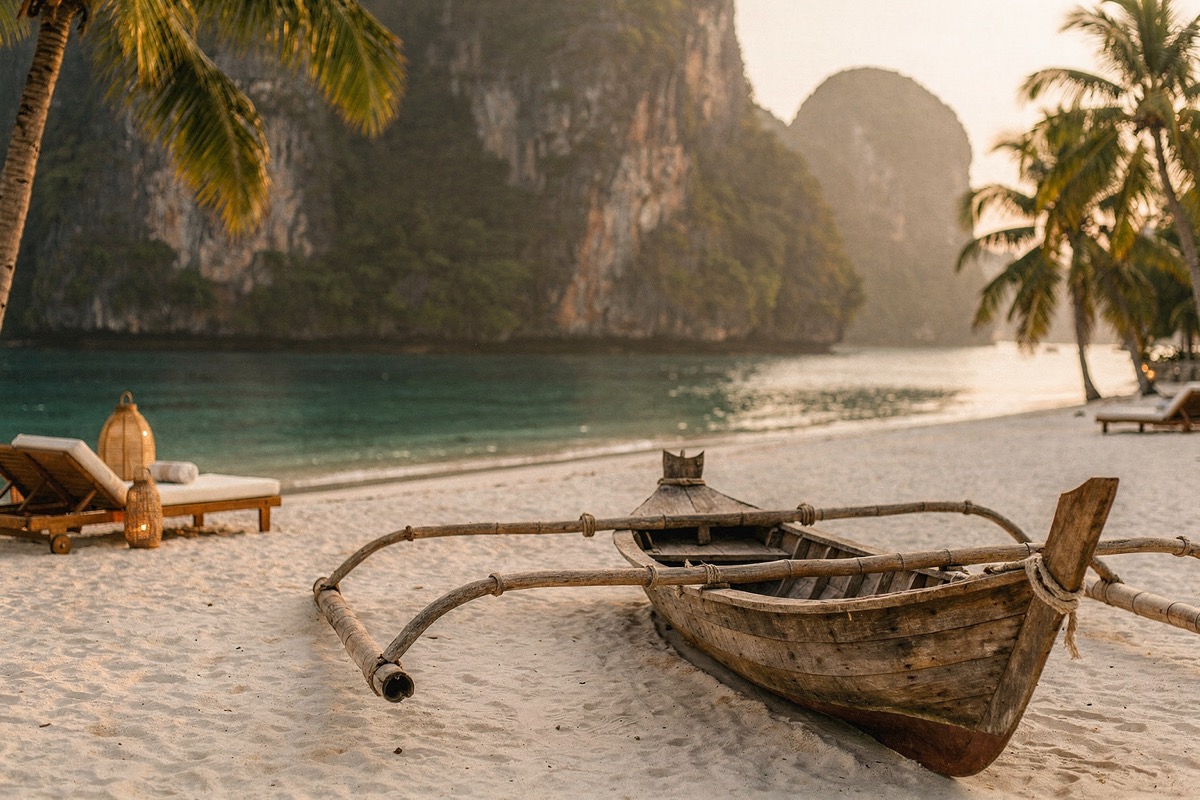 A bare weathered timber bangka outrigger with bamboo arms drawn up on white sand, turquoise shallows and karst cliffs behind, a timber lounger and rattan lantern at left, warm morning light.