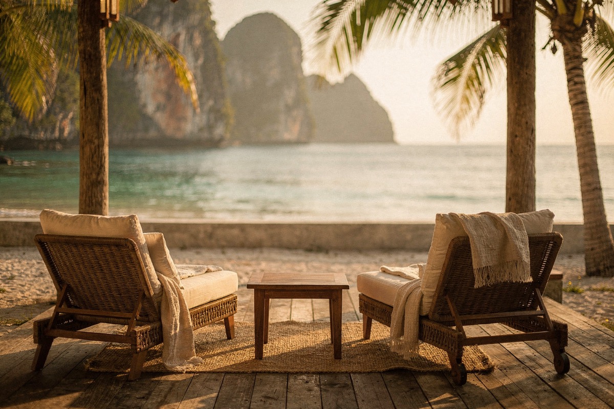 A weathered teak deck with two rattan planter's chairs facing the sea, a low table on a woven mat, linen throws, palms and timber posts framing a karst headland, warm dappled light.