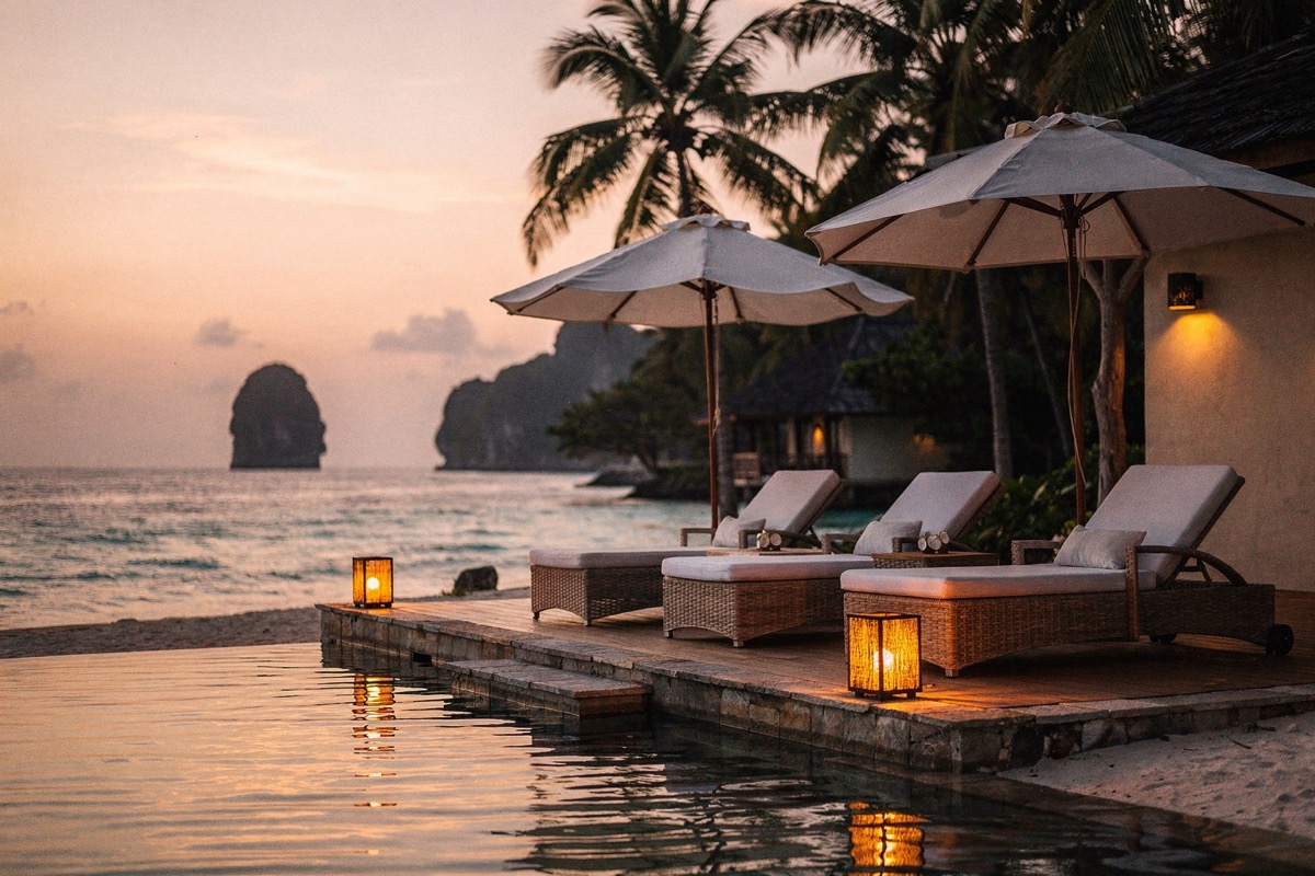 A stone-edged pool at dusk reflecting a peach-gold sky, rattan loungers with linen cushions, two canvas umbrellas, lit hurricane lanterns on the deck, palms and karst stacks on the horizon. Warm throughout, no blue cast.