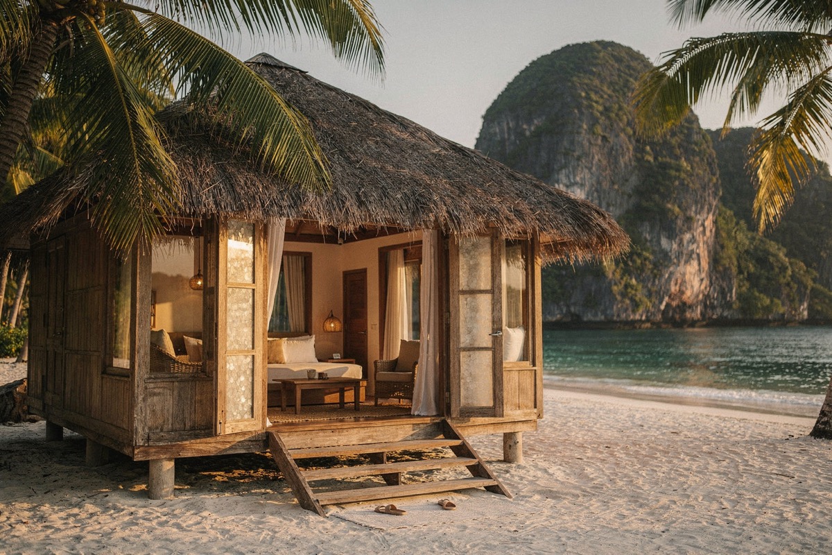 A thatched-roof timber villa raised on low stilts on white sand, shuttered doors folded open onto a warm interior with armchairs, coconut palms leaning over the roof, karst headland and turquoise sea behind, late golden light.